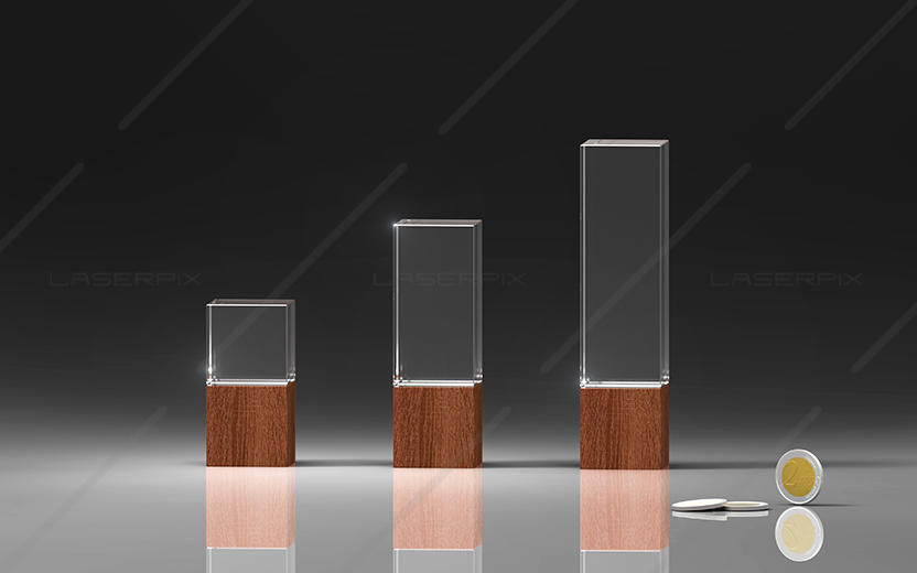 Holz Sockel Award von Laserpix mit 3D Kristallglas auf Holz Würfel