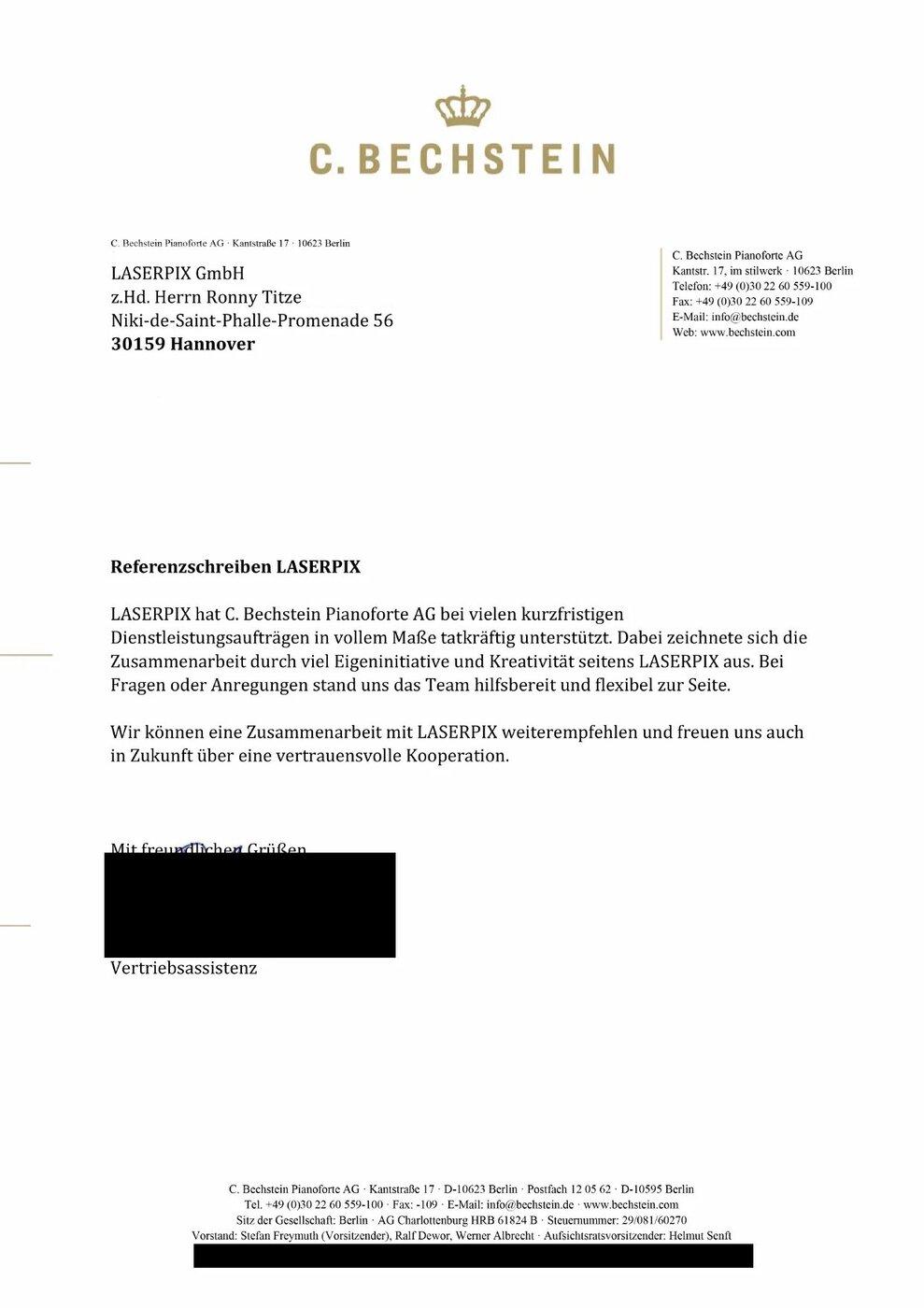 Referenzschreiben C. Bechstein für LASERPIX Referenzschreiben der C. Bechstein Pianoforte AG für die LASERPIX GmbH