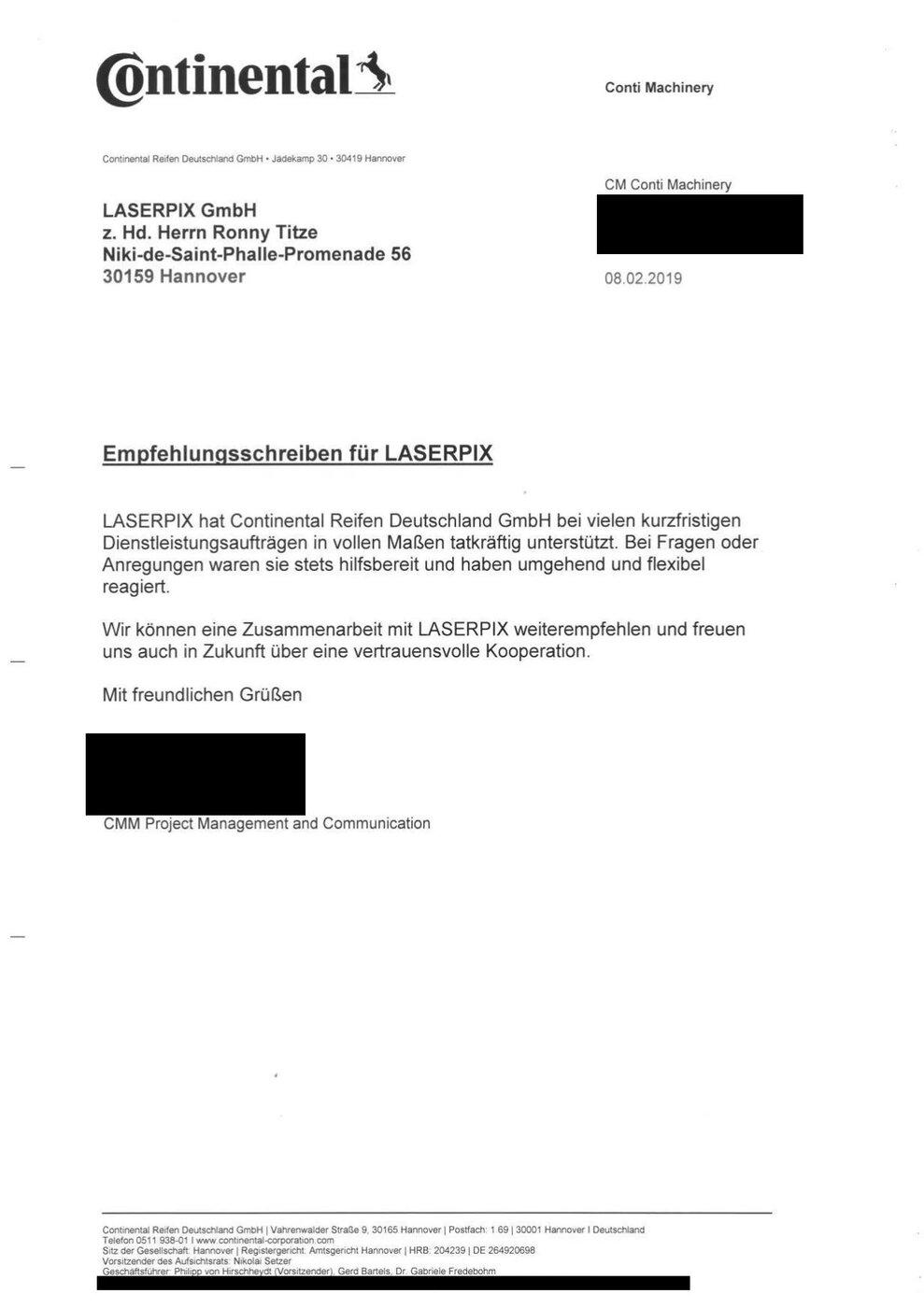 Empfehlungsschreiben Continental für LASERPIX Empfehlungsschreiben der Continental Reifen Deutschland GmbH für die LASERPIX GmbH