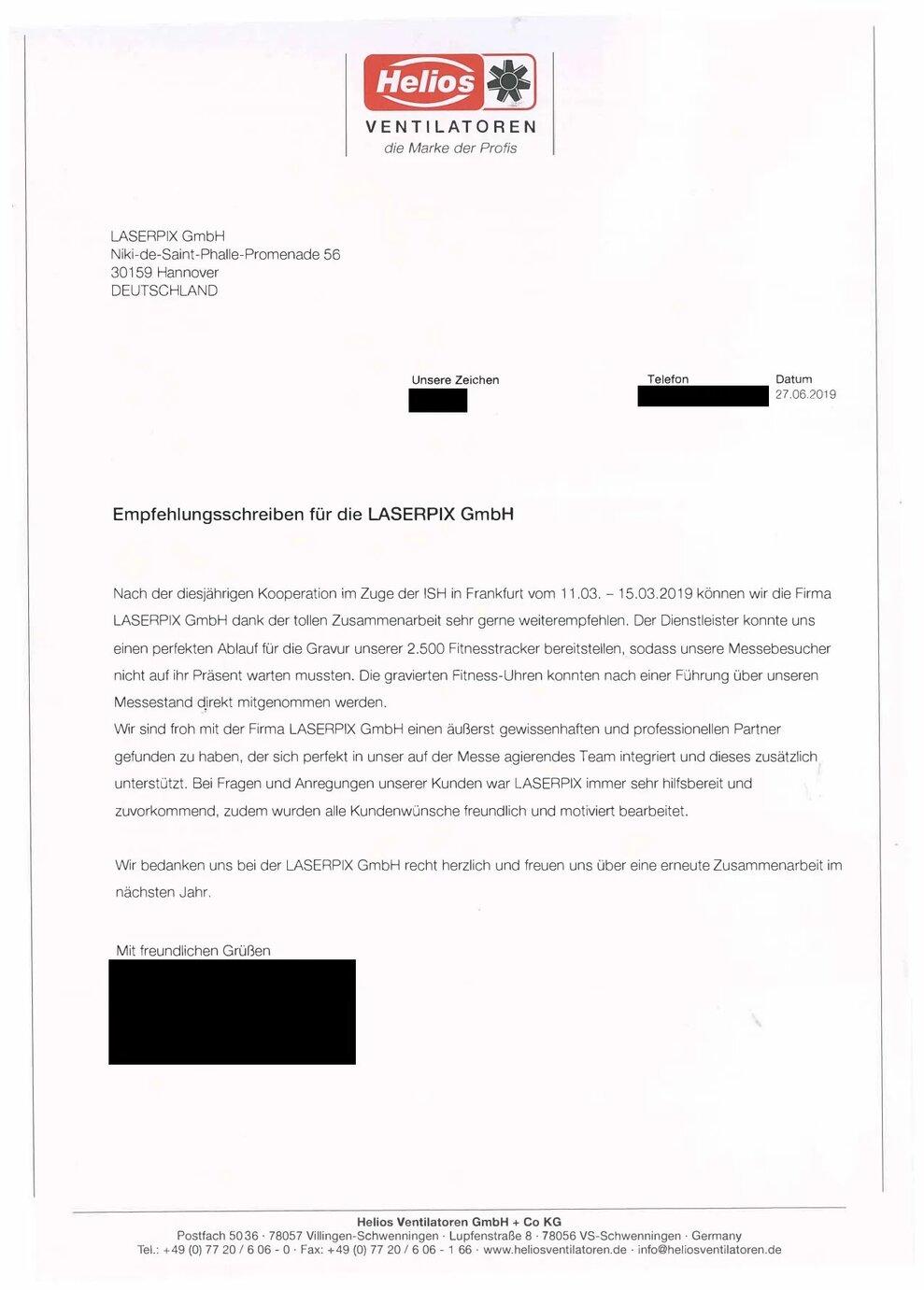 Empfehlungsschreiben der Helios Ventilatoren GmbH + Co KG f&uuml;r die LASERPIX GmbH zur ISH Frankfurt