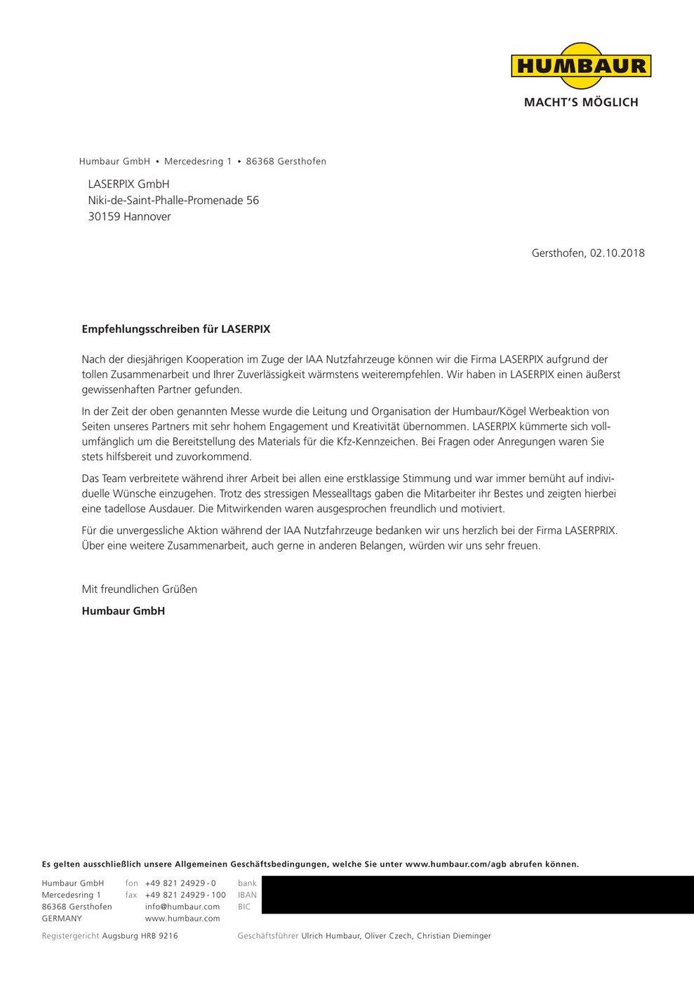 Empfehlungsschreiben Humbaur für LASERPIX Empfehlungsschreiben der Humbaur GmbH für die LASERPIX GmbH zur IAA Nutzfahrzeuge
