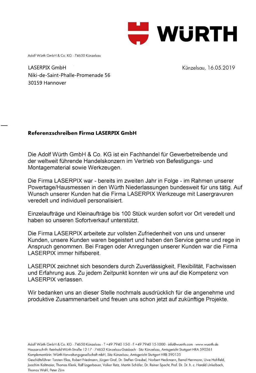Referenzschreiben Würth für LASERPIX Referenzschreiben der Adolf Würth GmbH & Co. KG für die LASERPIX GmbH zu den Würth Powertagen